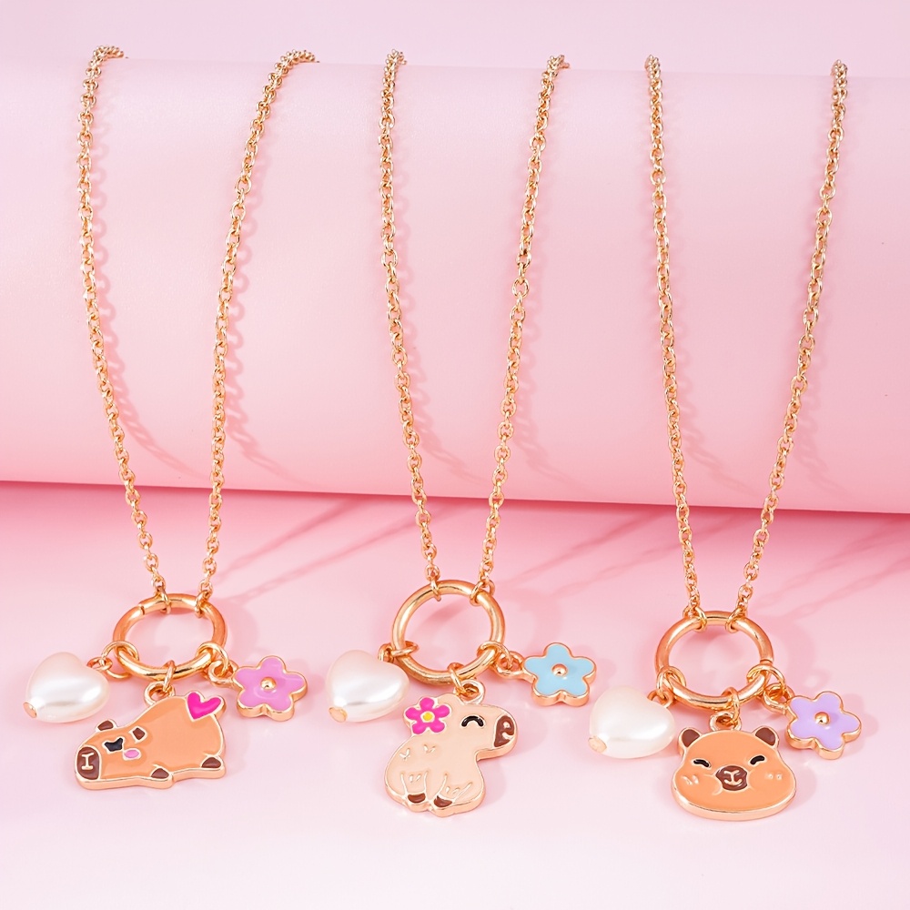 Girls' Capybara Enamel Flower Heart Pendant Necklace